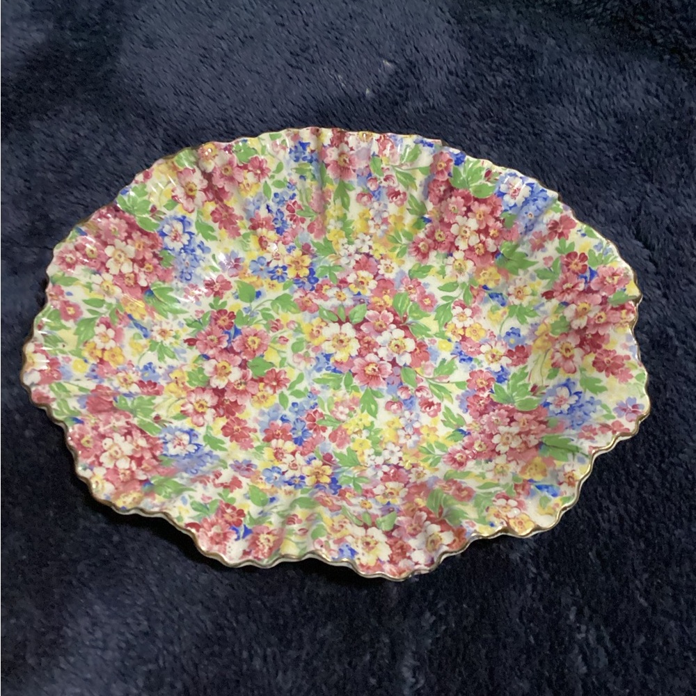 Vintage James Kent Apple Blossom Chintz Ruffled Edge Oval Bowl 9.5”